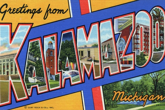 Vintage poscard "Greetings from KALAMAZOO, Michigan with images of buildings in the letters of Kalamazoo.