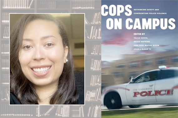 Dr. Yalile Suriel photo next to the cover of her book Cops on Campus