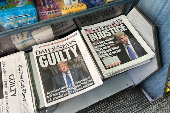 Newspapers in a Brooklyn bodega with headlines and images relating to Donald Trump being found guilty of 34 felony charges