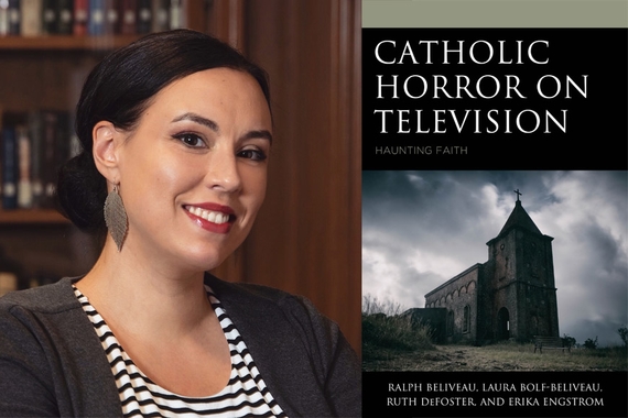 Ruth DeFoster smiles in front of a bookshelf on the left, cover of her book "Catholic Horror on Television," with a castle on a cloudy day, on the right