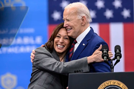 Kamala Harris embraces Joe Biden after a speech on healthcare in Raleigh, NC, on March 26, 2024.