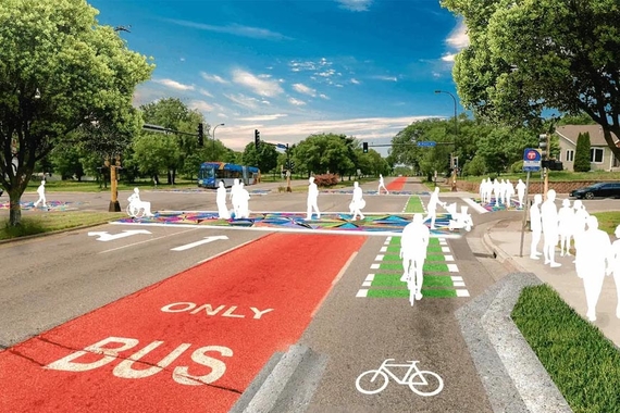Rendering of city street safety improvements, with a bus lane and bike path, with white silhouettes navigating the paths