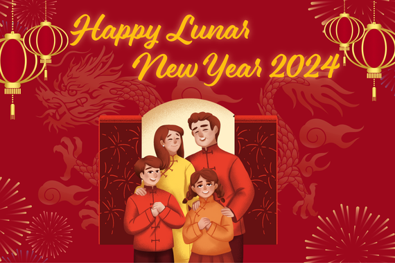 Happy Lunar New Year graphic featuring a family, lanterns, and fireworks