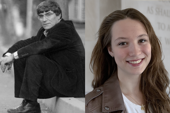 On the left is a black and white photo of Hrant Dink and on the right is a photo of Hrant Dink Fellow, Taylor Laube-Alvarez