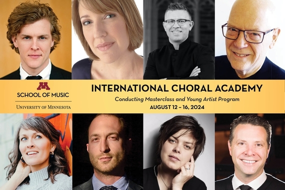 Headshots of guest artists surround a yellow bar with black text: International Choral Academy, August 12 - 16 2024. 