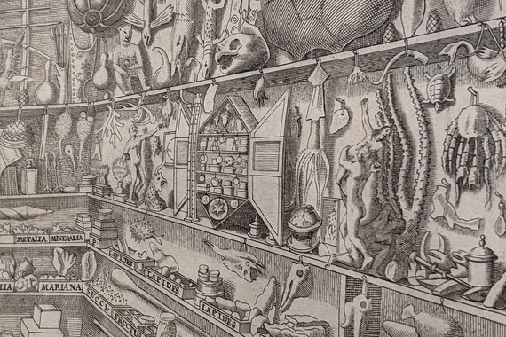 Black and white print of a 17th C. cabinet of curiosities featuring natural history and ethnographic objects.