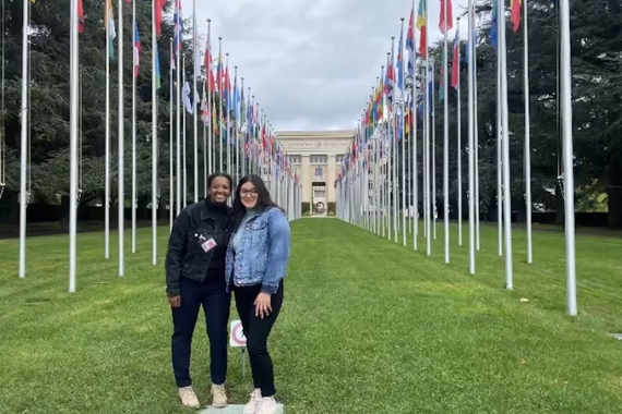 Sisay Shannon-Tamrat (left) and Socorro Topete (right) on the lawn outside the United Nations headquarters in Geneva. 