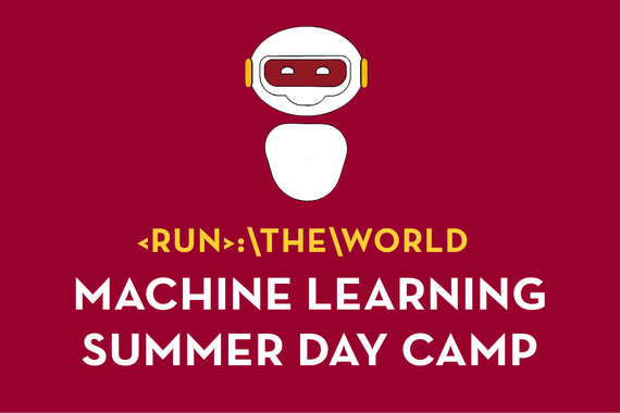 A white robot graphic appears above the words RunThe World Machine Learning Summer Day Camp