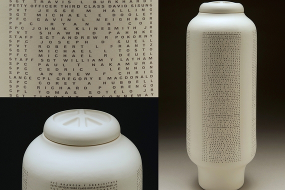 Image of a ceramic vessel with accompanying detail shots of the names of soldiers killed in battle during the Iraq war.