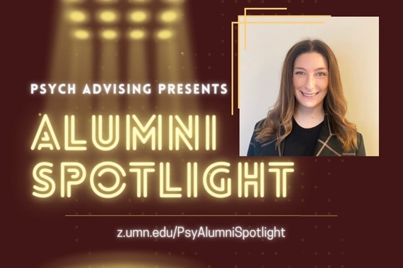 Maroon background with spotlights over the text which reads: Psych Advising Presents Alumni Spotlight. Headshot of Jenna Melton right aligned