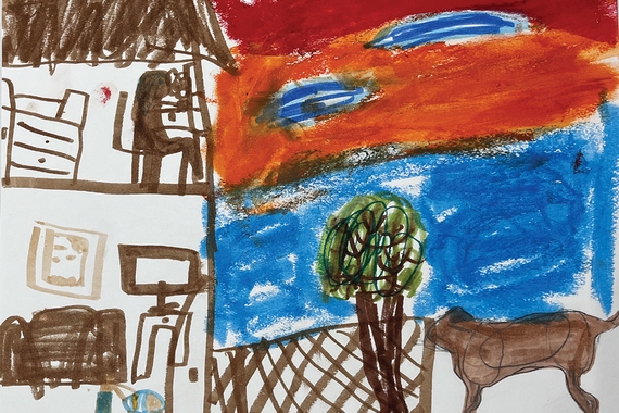 Child's drawing of a house and yard