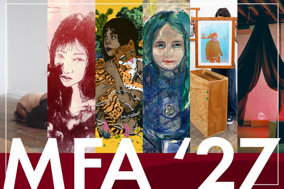 "MFA '27" in white over six vertically cropped sections of different artworks