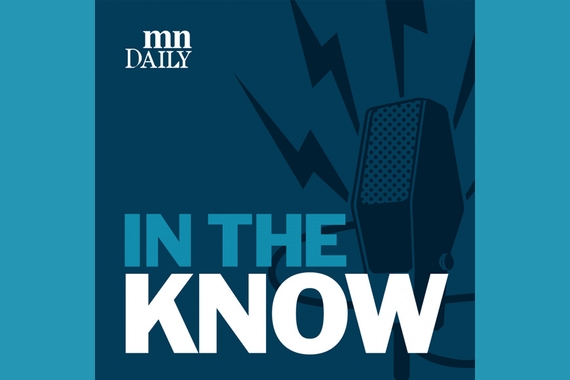 Blue and white graphic with a microphone, the MN Daily logo, and the words In The Know