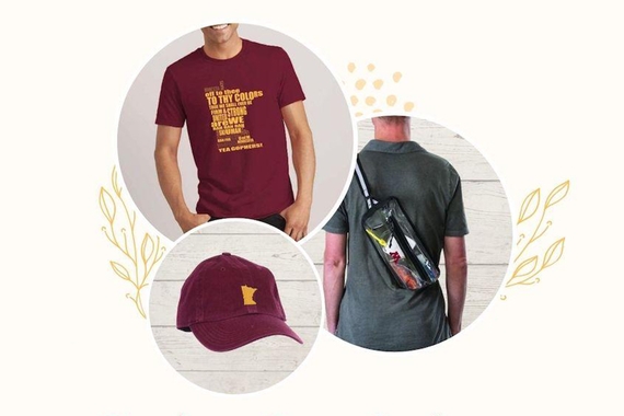 Image of a maroon t-shirt, maroon hat, and a sling bag