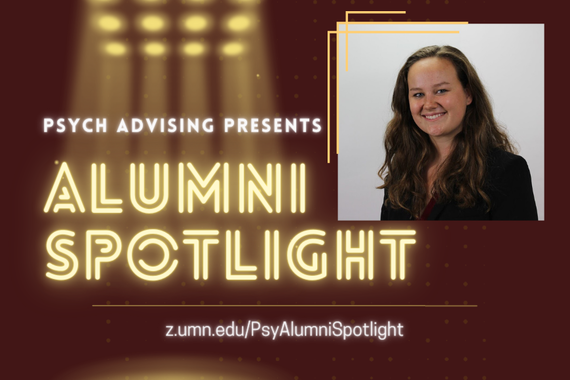 "Psych Advising Presents: Alumni Spotlight" image, with a headshot of Nora Luetmer