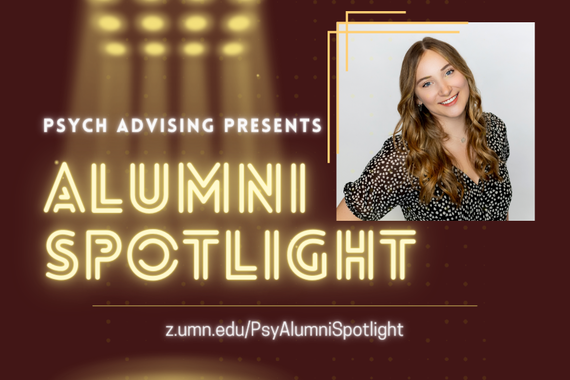"Psych Advising Presents: Alumni Spotlight" image, with a headshot of Gabi Kinney, wearing a black and white shirt, smiling