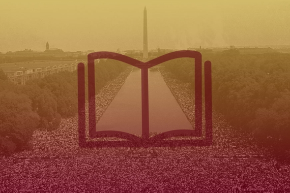 Archival photo of the March on Washington with a book icon overlay
