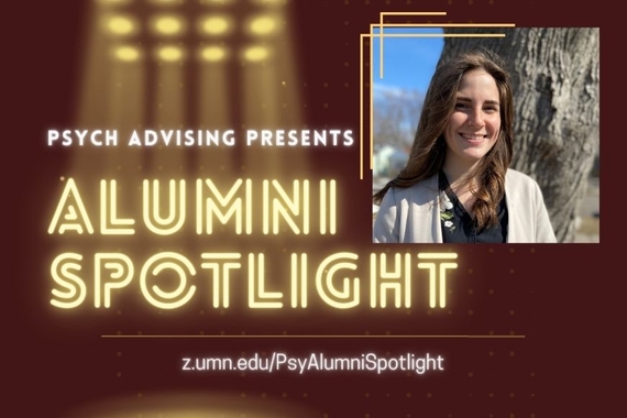 "Psych Advising Presents: Alumni Spotlight" image, with a headshot of Greta Regan, smiling with a tree in the background