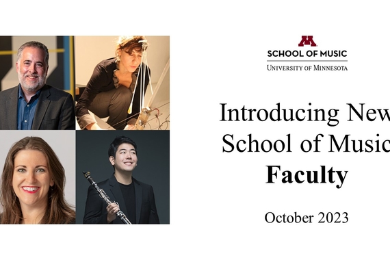 A picture on the left including Patrick Warfield, Sivan Elias Cohen, Danni Gilbert, and Sangyoon Kim. On the left, text saying Introducing New School of Music Faculty, October 2023. 