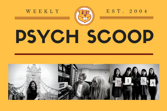 The banner for the undergraduate Psych Scoop weekly newsletter, with a Goldy logo and three small photos of students and faculty