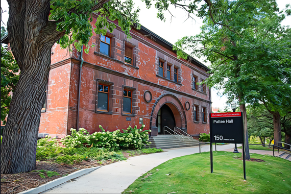 Portrait of a two-story red brick building, shot from the left side, pointing at the arched main entrance. The building has a cement walking path and stairs leading up to the entrance door. There is a black sign that says 'Pattee Hall' with a maroon 'University of Minnesota' banner above the building name.