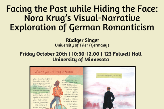 A poster advertising an event by speaker Rüdiger Singer. The event is about the exploration of german romanticism in the work of graphic novelist Nora Krug