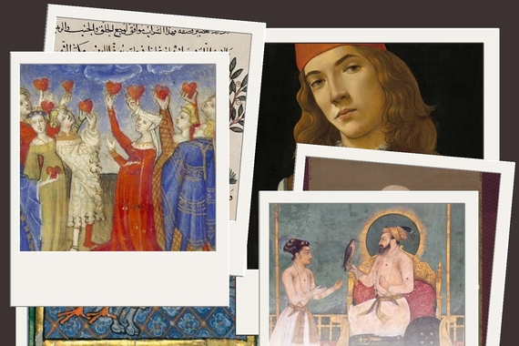 A collage of polaroid framed photos of manuscripts and premodern art.