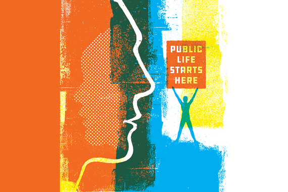 Illustration of two silhouettes and one figure holding a sign that reads "Public Life Starts Here"
