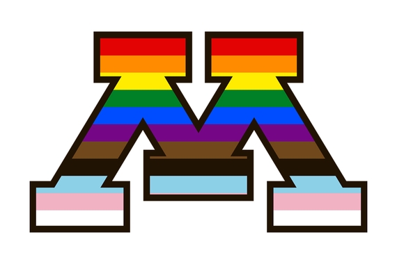University of Minnesota Block M filled with Pride rainbow colors