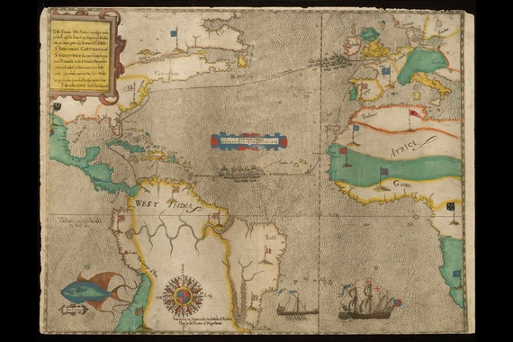 Late 16th-century map of the Atlantic world including ships and border markings