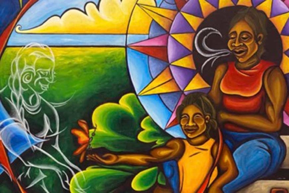 Section of a colorful artwork showing a young girl with a woman seated behind her braiding her hair against a large sun. A green field is behind them. To their left is an older woman drawn in white outlines. The young girl reaches toward the older woman.