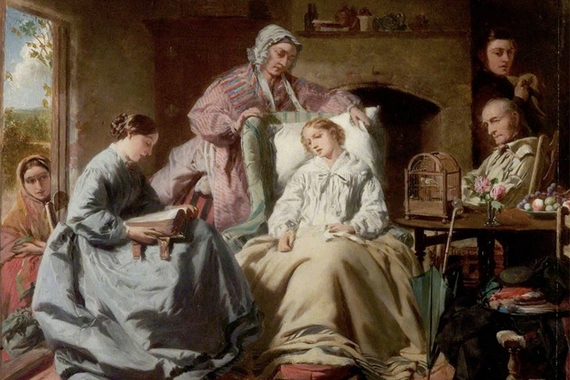 Painting of group of people in 19th century dress (bonnets, long dresses) attending person in nightgown propped against pillow with blanket on lap