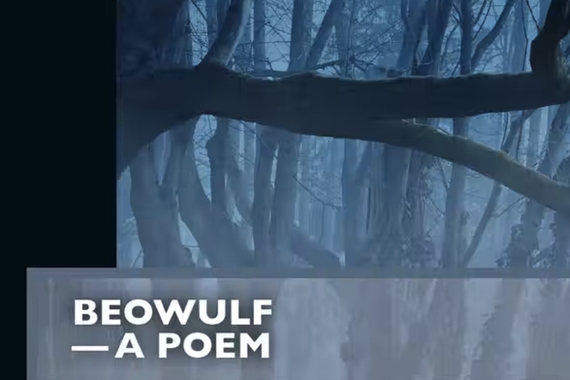 Blue and black image of bare tree branches and mist behind, with text at bottom: Beowulf, a Poem