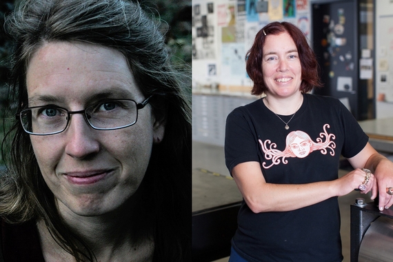 A headshot of Kathryn Nuernberger on the left and image of Jenny Schmid standing against a table on the right