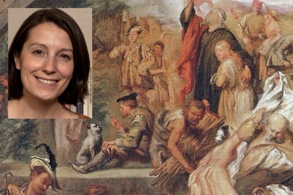 Head and shoulders photo of person with dark hair to chin and light skin, smiling, placed to upper left of detail from painting of various figures from Shakespeare plays caught in active poses: person talking to a dog; person gathering firewood; two people in embrace, and more