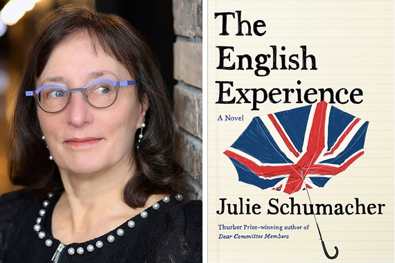 To left, head and shoulders of person with dark hair to shoulders and light skin, wearing lavender-rimmed glasses and black shirt; to right, book cover with inverted umbrella in British flag stripes with text The English Experience Julie Schumacher