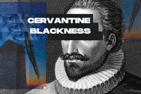 Concept art. Black and white headshot of Cervantes, black bar where eyes should be with title that reads "Cervantine Blackness", windmills layered to the side