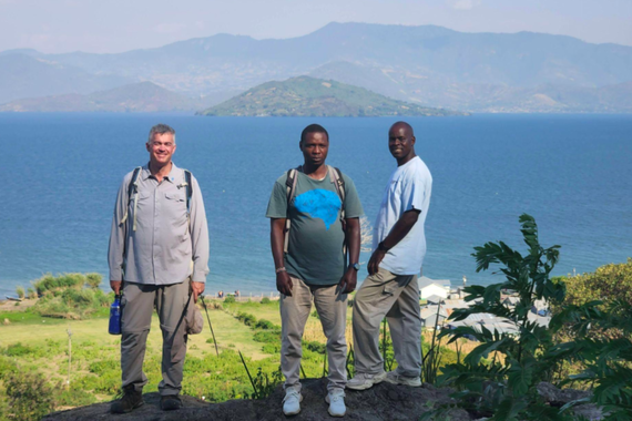 Professor Kieran McNulty (left) alongside researchers Cliff Ochieng (middle) and Joshua Siembo (right) at the Kisingiri Volcano in Kenya. 