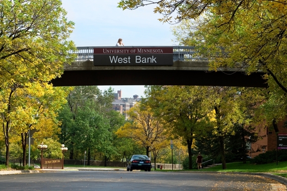 A University bridge with sign that reads "West Bank"