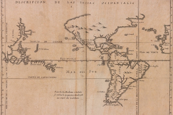 17th-century map in fine black lines depicting the East Indies, Americas, and Western Africa.  