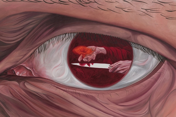 Close-up painting of a person's eye reflecting two hands holding a kitchen knife and a red flower
