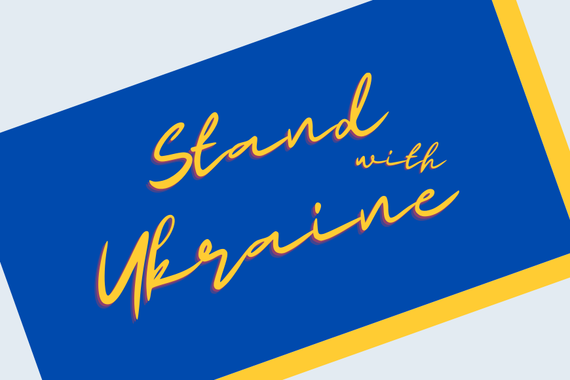 Blue and yellow rectangle with the words "Stand with Ukraine"