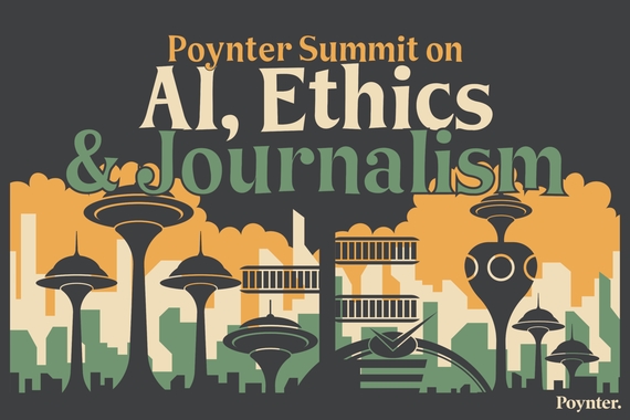Poynter Summit on AI, Ethics & Journalism. Illustration of a futuristic skyline.
