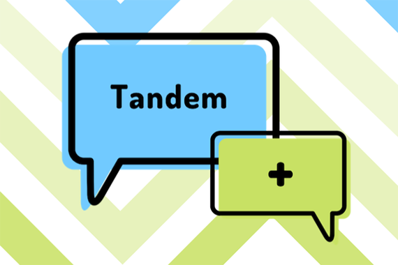 Blue and green graphic with Tandem + in speech bubbles