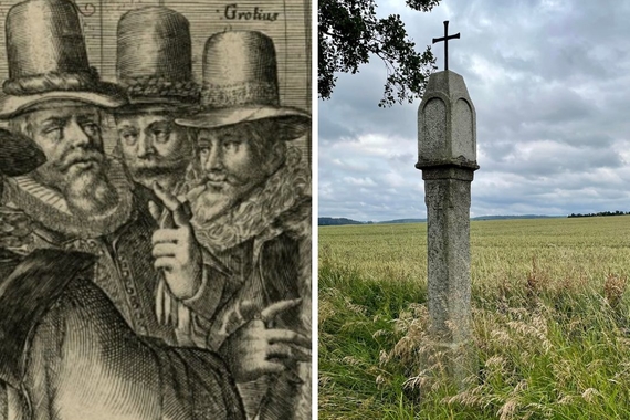 Left: early modern illustration, men in top hats and lace collars, black and white. Right: Scenic photo of stone statue with cross on top.