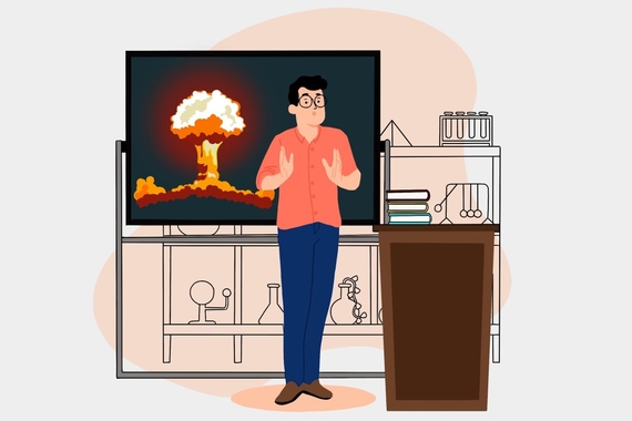 Illustrated image of professor standing beside a podium and in front of a presentation screen, depicting an image of a nuclear explosion.