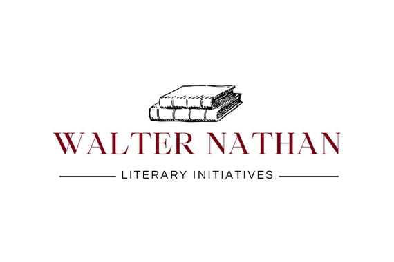 Logo for the Walter Nathan Literary Initiatives, featuring a sketch of two black and white books above the maroon and black text