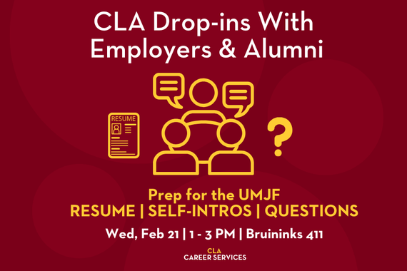 CLa Drop-Ins Graphic with date, time, and location. Resume, conversations, and question mark graphics centered 
