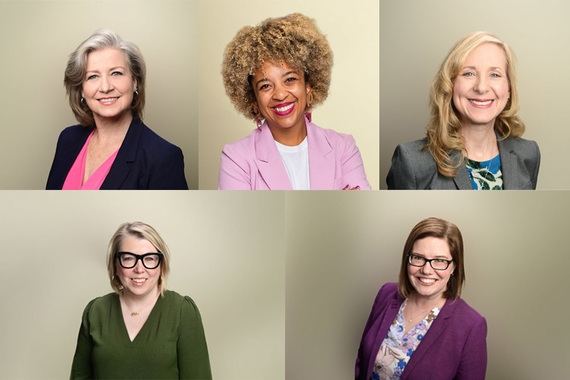 Collage of five portrait photos of women standing and smiling against beige backgrounds, clockwise from top left: Linda Hofflander, Alex West Steinman, Patrice Kloss, Jana Cinnamon, Andrea Mokros