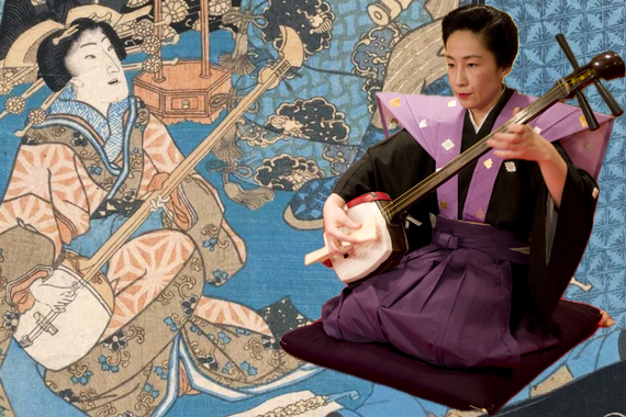A female performer with black hair in a bun holding a stringed musical instrument. She is wearing a purple costume and is kneeling on a purple velvet pillow.The background is a Japanese woodcut.